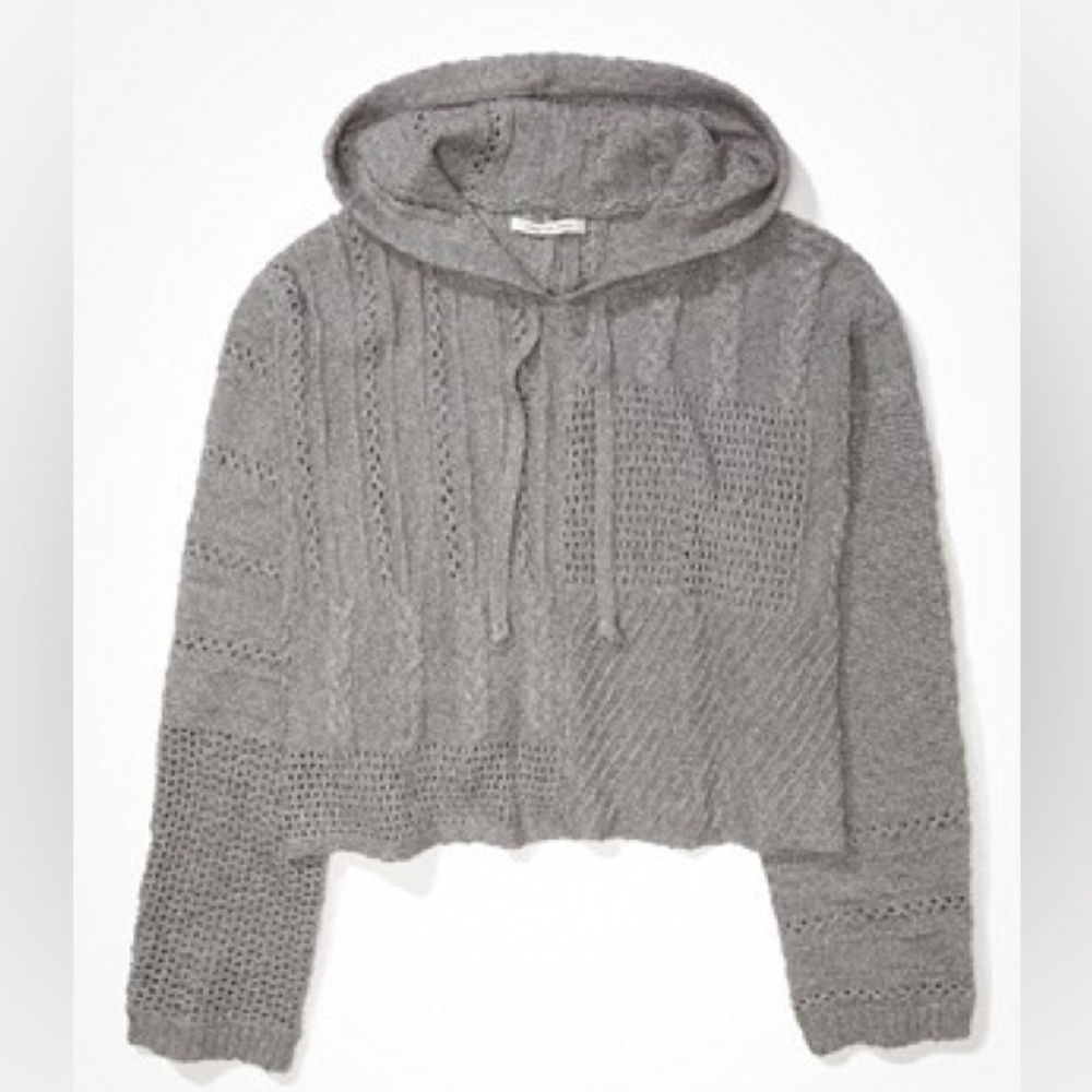 AE Gray Mix Stitch Hooded Semi-Cropped Sweater
